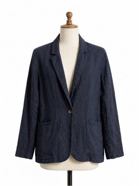 Garnet Hill Navy Blue 100% Linen Blazer Jacket Women's Size 10 Classic